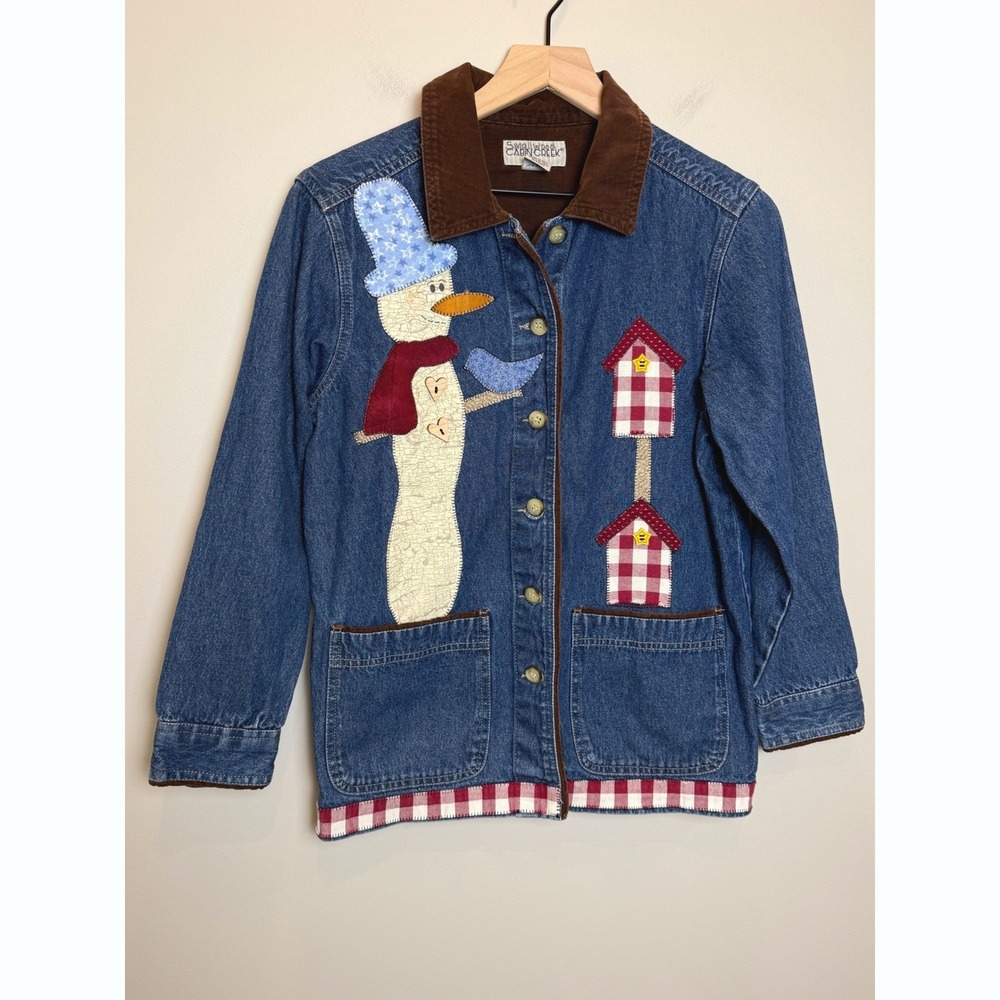 VTG Cabin Creek Denim Jacket Snowman Bird Winter Cottagecore Petite S Holiday